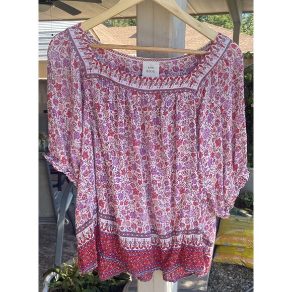 Knox Rose Womens Boho Pink Red Floral Short Sleeve Peasant Prairie Top XXL - Picture 1 of 7